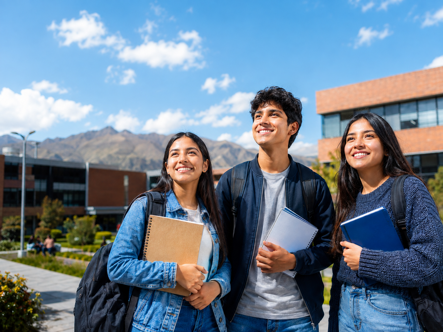Estudiantes en un campus universitario bajo un cielo claro preparándose para alcanzar sus metas académicas